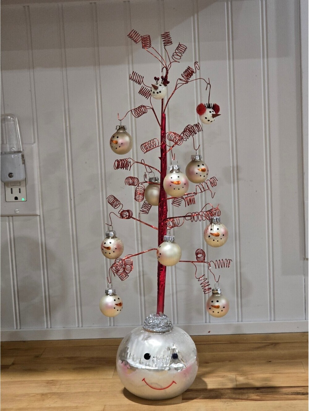 Vtg Smiling Silver Christmas Tree w/ snowman head Ornaments and Red Wire Coils